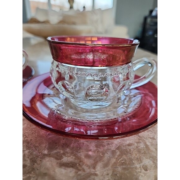 Indiana King Crown Ruby Flash Cups And Saucers, Set Of 2 - Picture 3 of 4